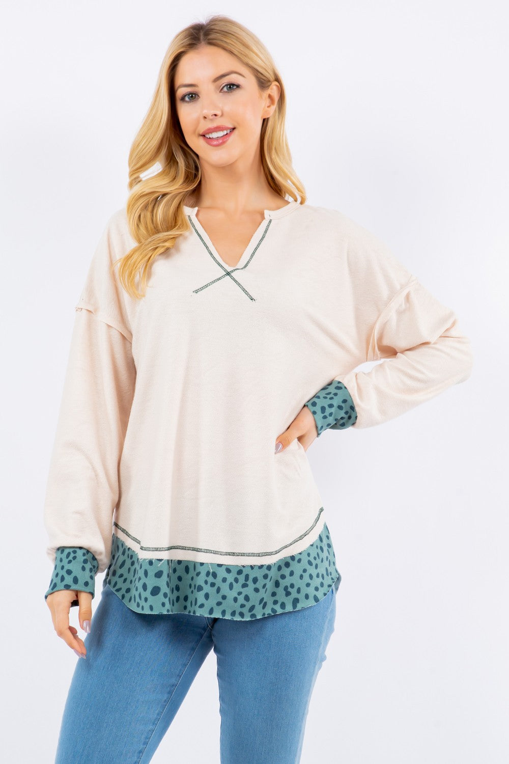 Contrast Stitching Notched Dropped Shoulder Blouse