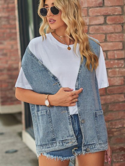 V-Neck Button Up Denim Vest