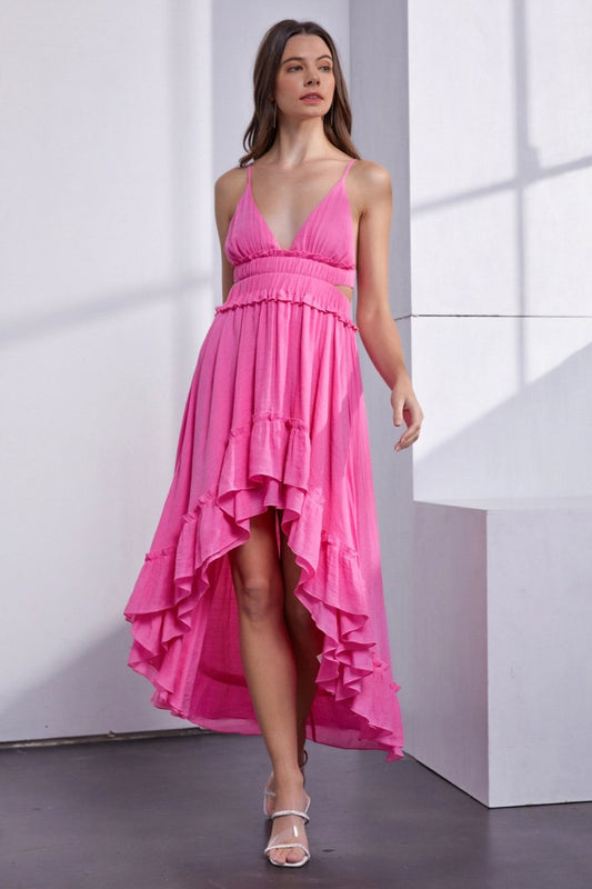 Asymmetric Ruffle Open Back Cutout Cami Dress