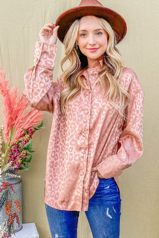 Satin Leopard Button Up Curved Hem Shirt