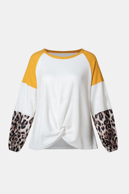 Twisted Color Block Round Neck Long Sleeve T-Shirt