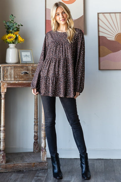 Leopard  Long Sleeve Tiered Blouse