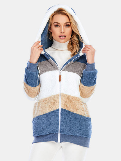 Drawstring Color Block Zip Up Hooded Outerwear