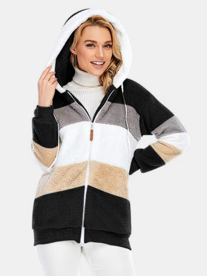 Drawstring Color Block Zip Up Hooded Outerwear