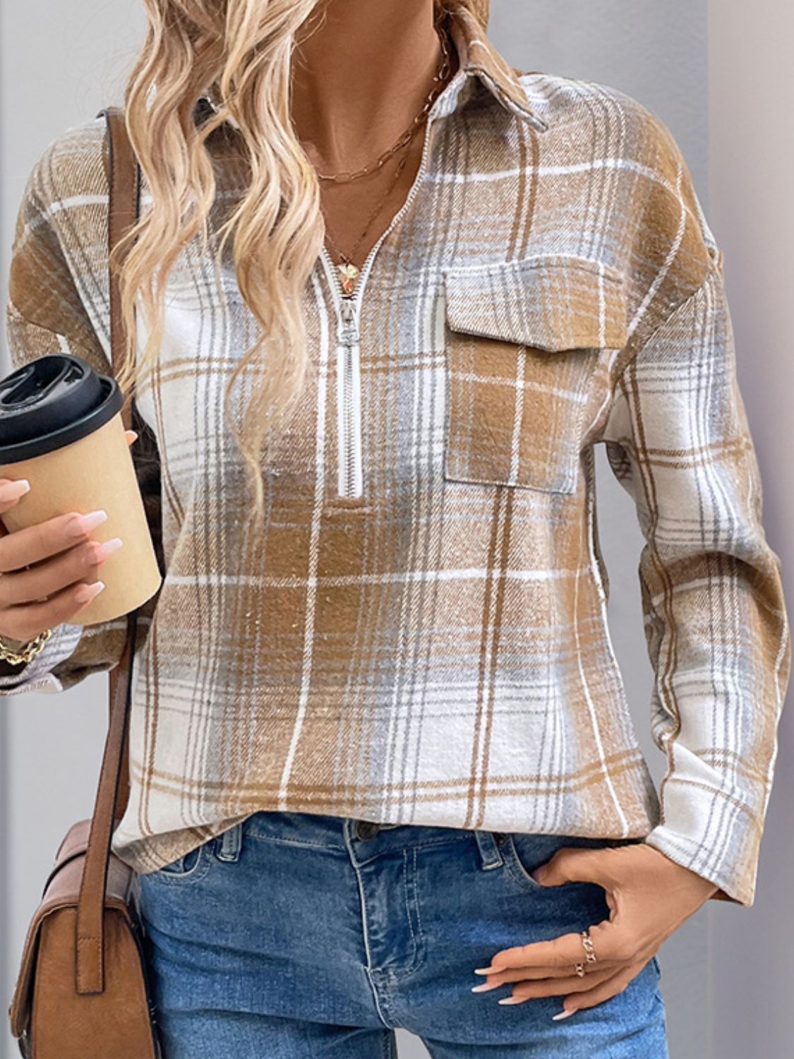 Plaid Collared Neck Half Zip Long Sleeve Top