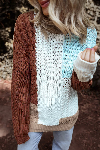 Color Block Round Neck Long Sleeve Sweater