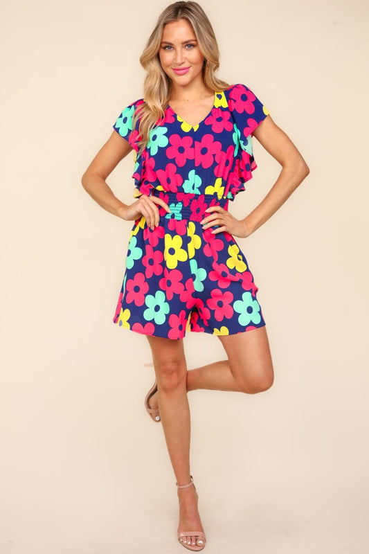 Floral Smocked Waist Romper with Side Pockets