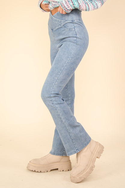 Washed Denim Stretchy Crossover Waist Leggings