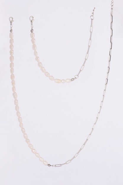 Natural pearl chain bracelet, necklace set - silver