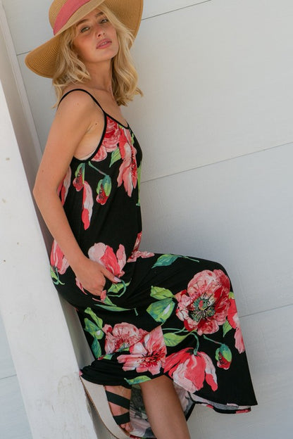 PLUS FLORAL HALTER POCKET DRESS