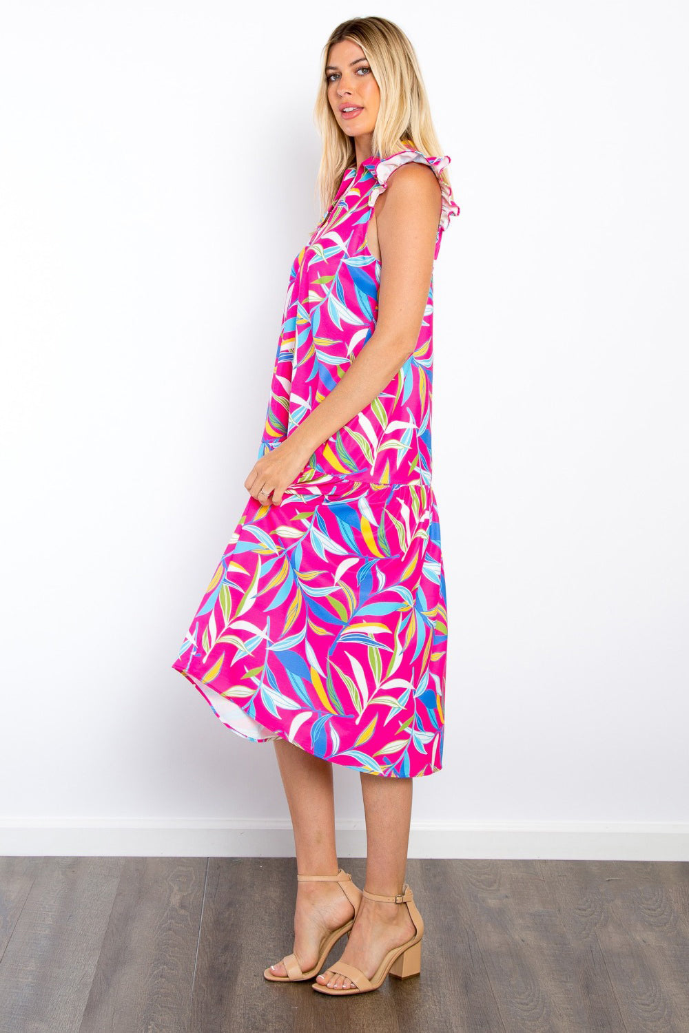 Print Ruffled Midi Dress with Pockets