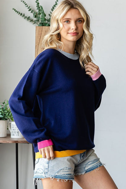 Contrast Ribbed Round Neck Long Sleeve Sweater