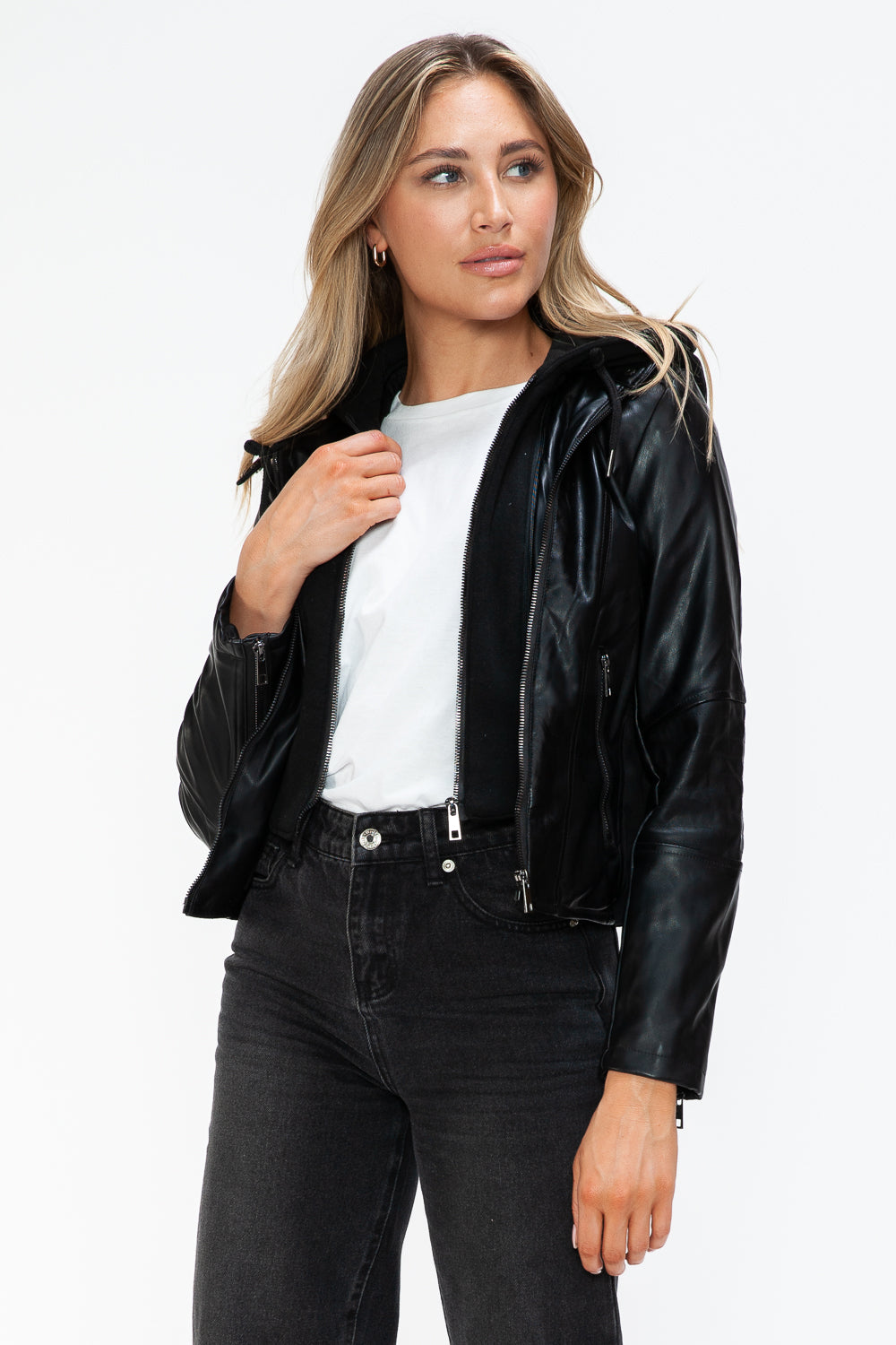 Faux Leather Zip Up Drawstring Hooded Jacket