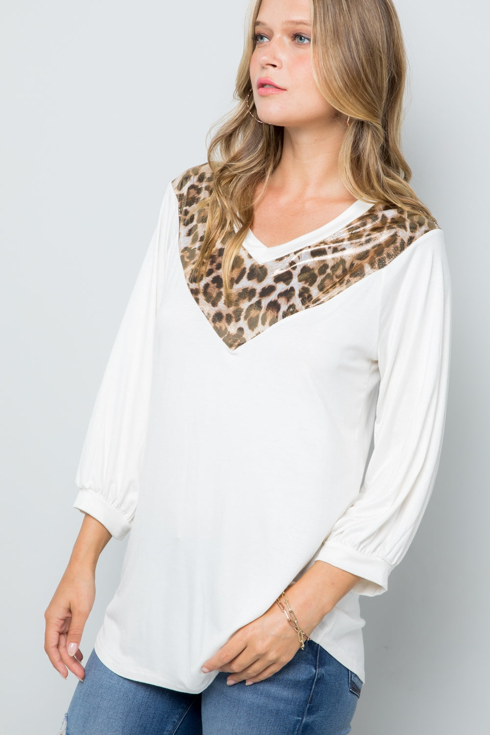 Leopard Contrast Balloon Sleeve Top