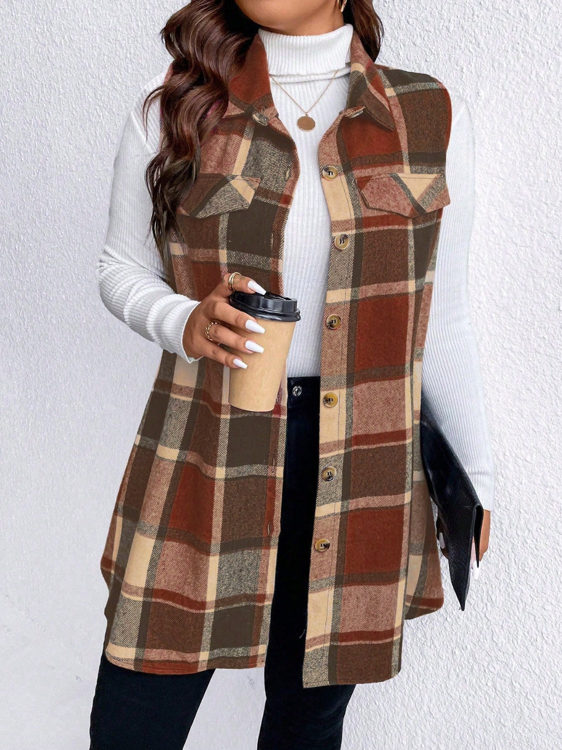 Plus Size Pocketed Plaid Button Up Vest Coat