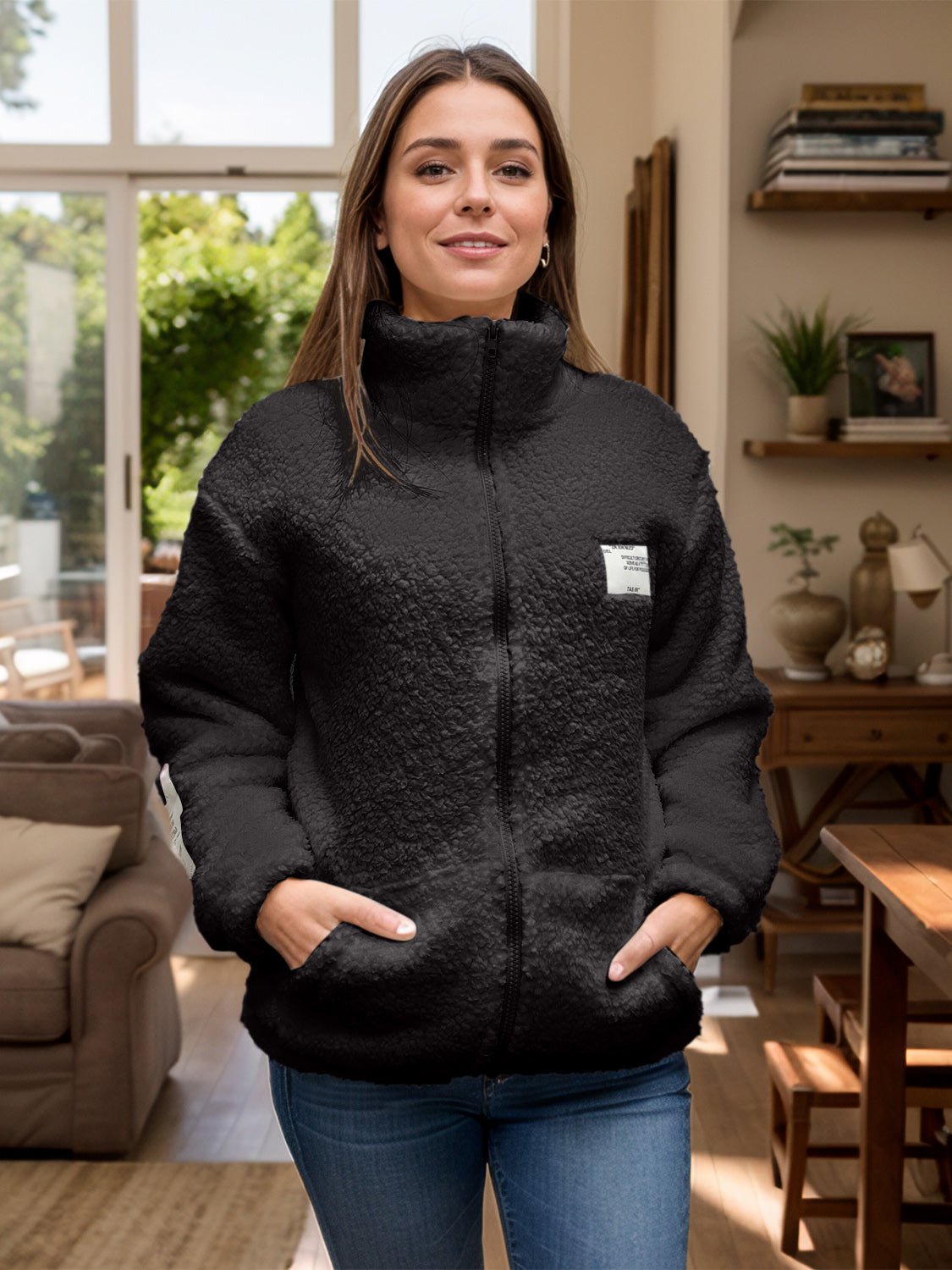 Turtleneck Zip Up Long Sleeve Sherpa Jacket