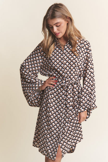 Geometric Balloon Long Sleeve Midi Dress