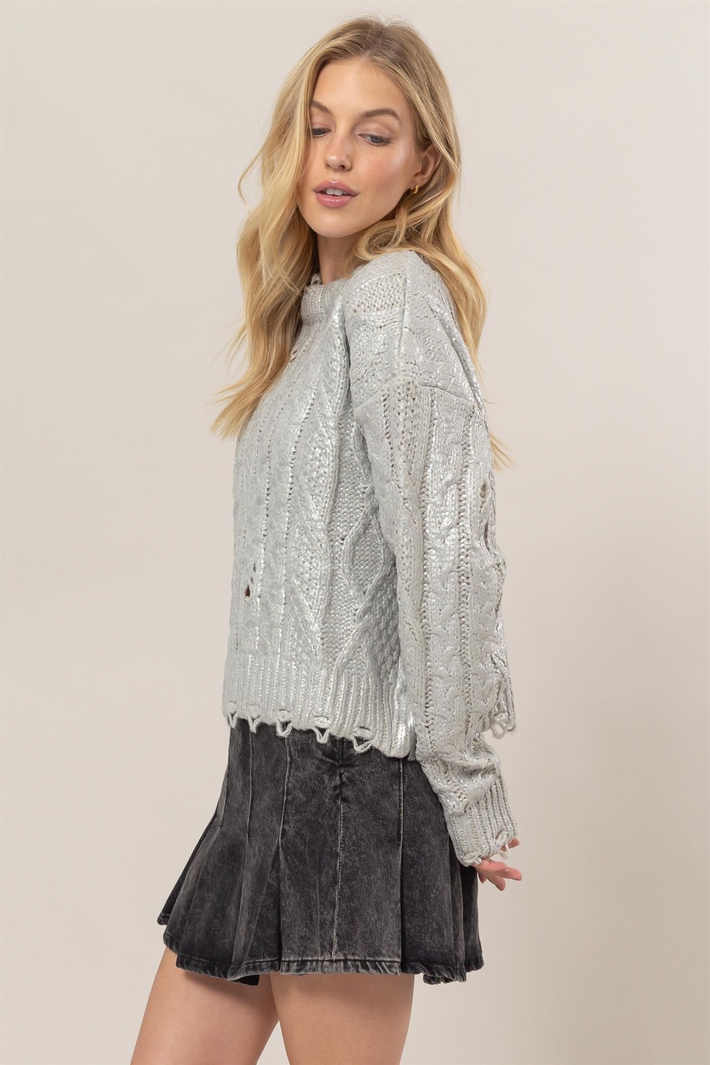 Distressed Cable-Knit Round Neck Long Sleeve Sweater