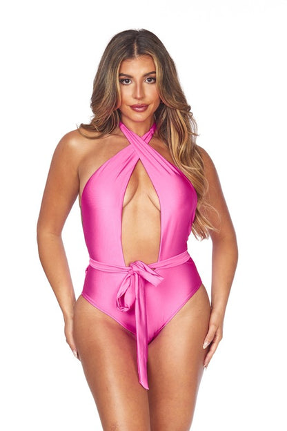 ONE PIECE CRISCROSS HALTER NECKLINE WITH WAIST WRAP