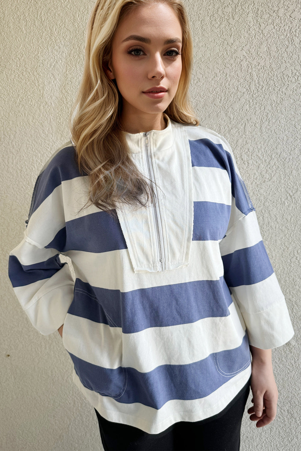 Pima Cotton Wash Striped Half Zip Mock Neck Long Sleeve Top