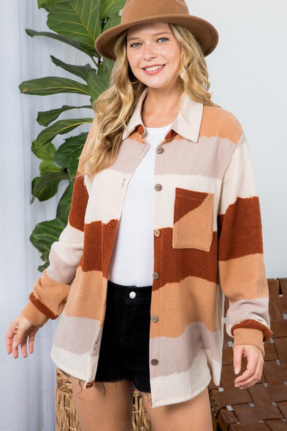 FUZZY STRIPE BUTTON DOWN SHACKET