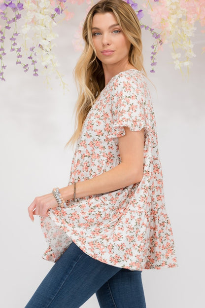 Floral Ruffled Short Sleeve Blouse