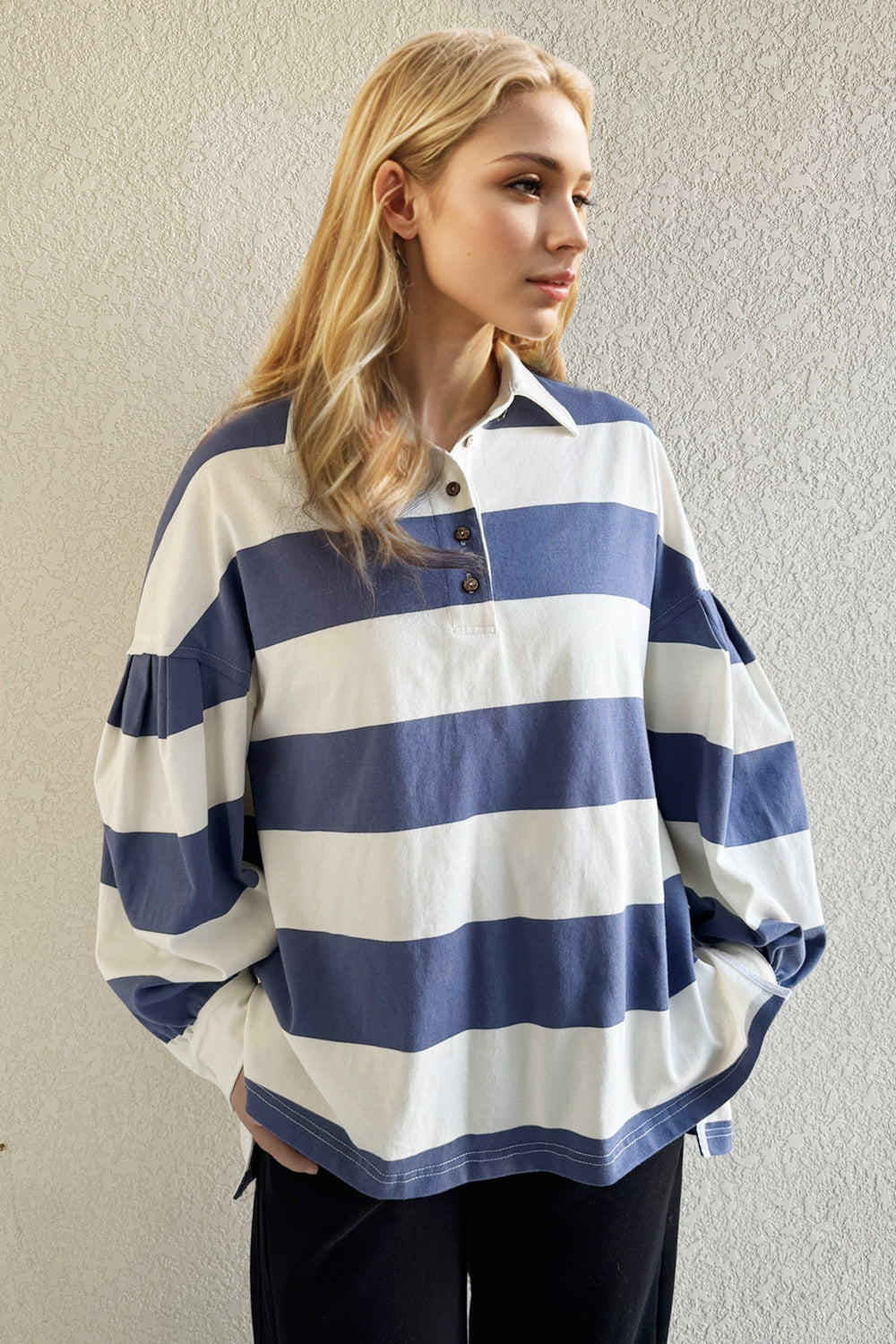 Pima Cotton Wash Wide Striped Collared Neck Long Sleeve Top