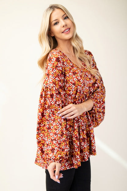 Floral V-Neck Balloon Sleeve Blouse