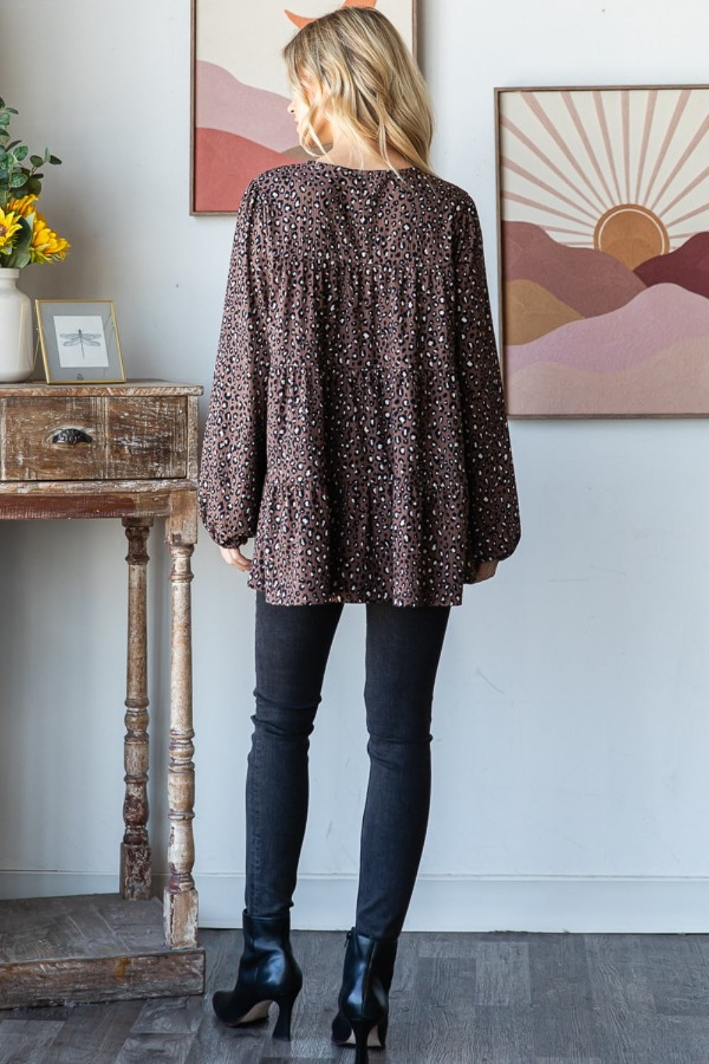 Leopard  Long Sleeve Tiered Blouse