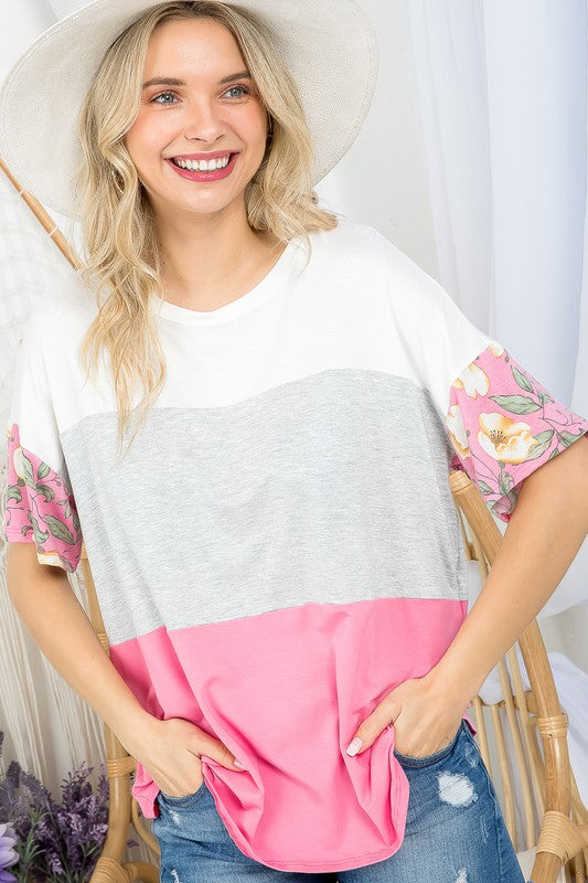 SOLID FLORAL MIXED COLORBLOCK TOP