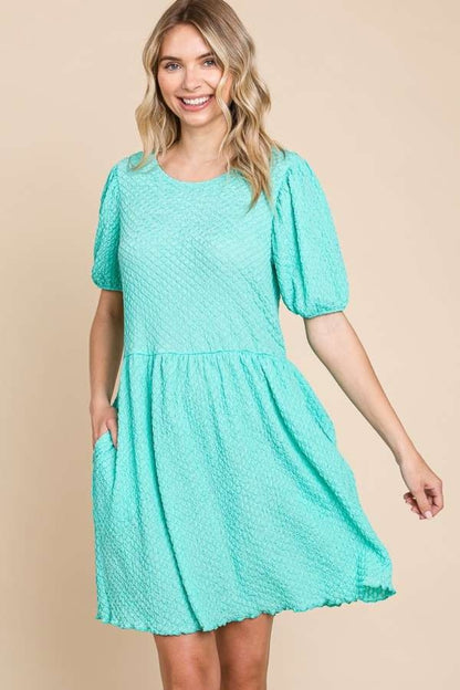 Textured Round Neck Puff Sleeve Dress