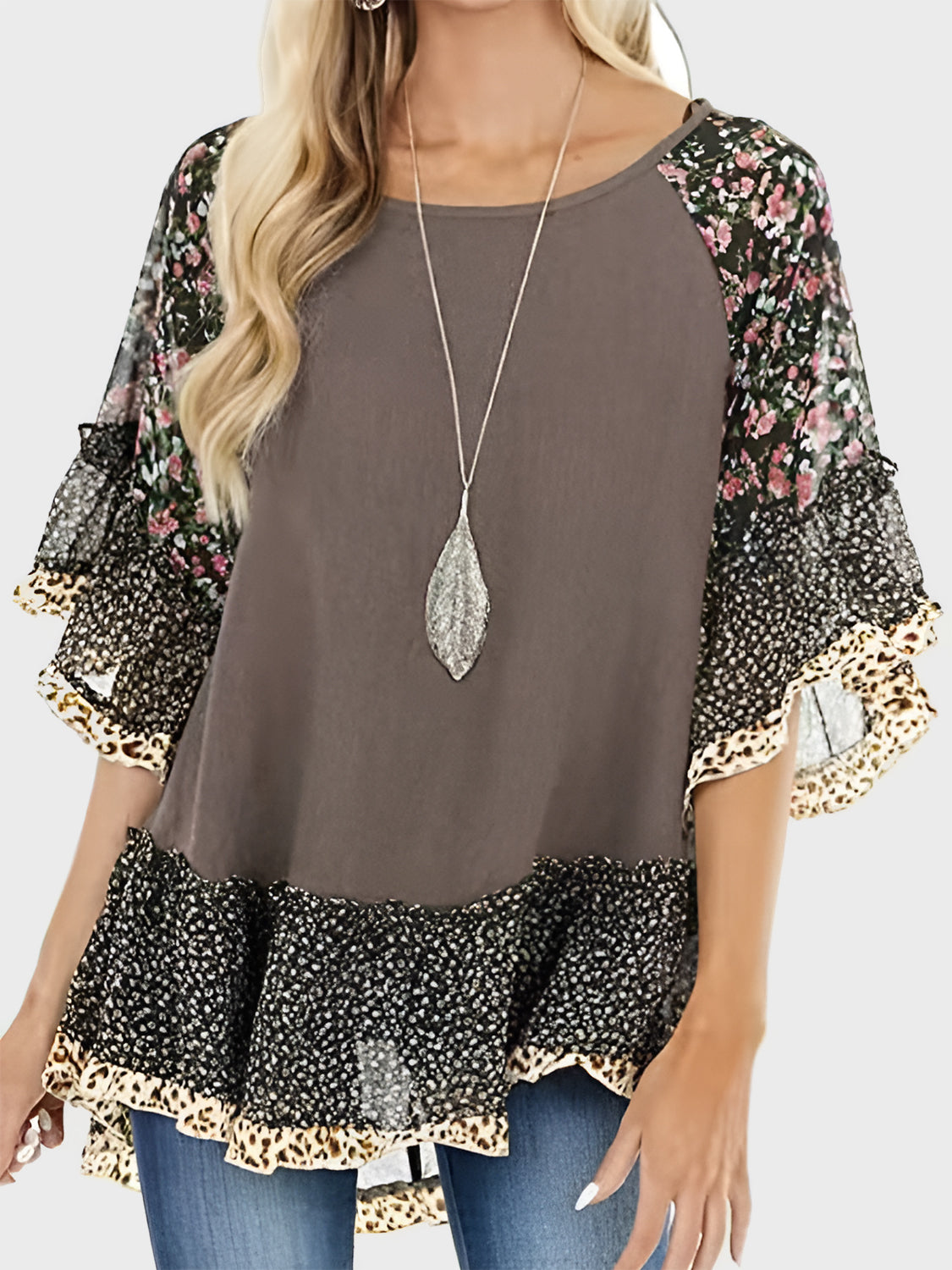 Frill Printed Round Neck Half Sleeve Blouse