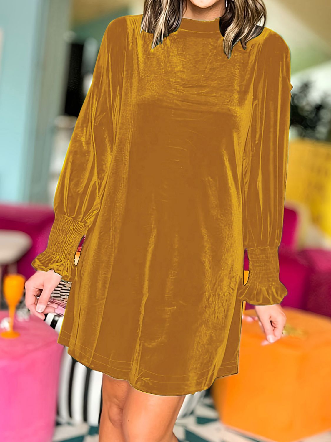 Mock Neck Smocked Long Sleeve Mini Dress