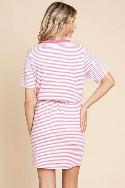 Striped Short Sleeve Mini Dress with Pockets