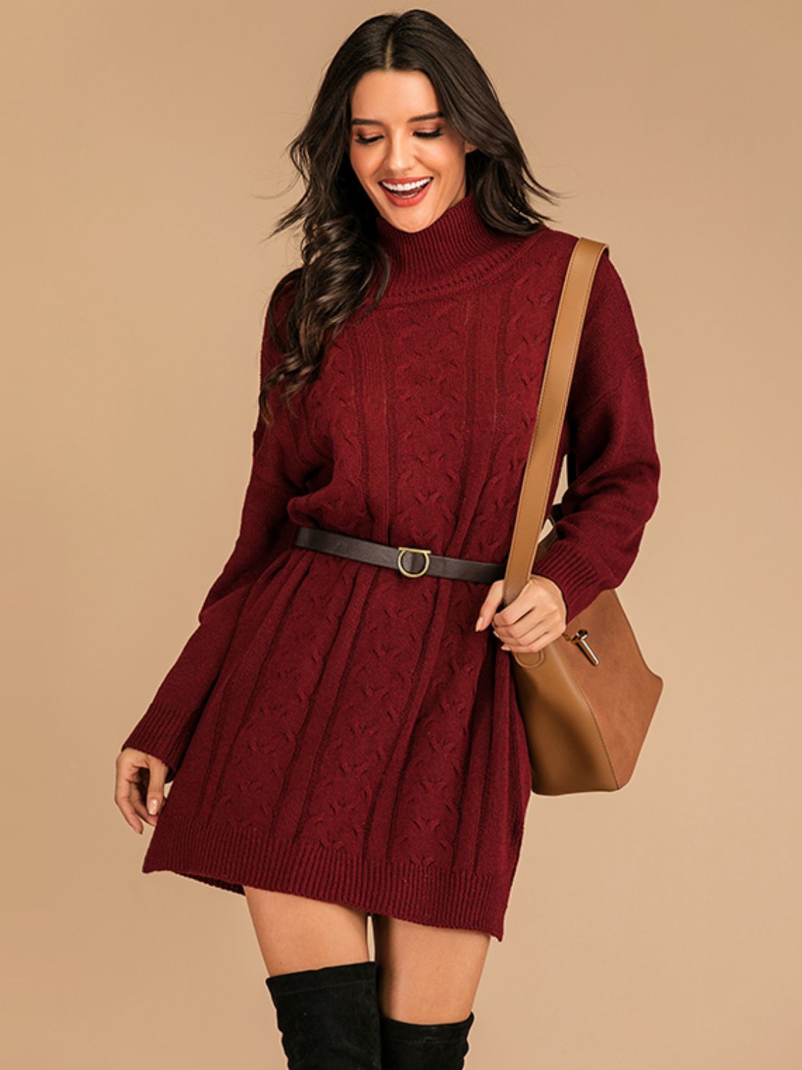 Slit Turtleneck Long Sleeve Mini Sweater Dress