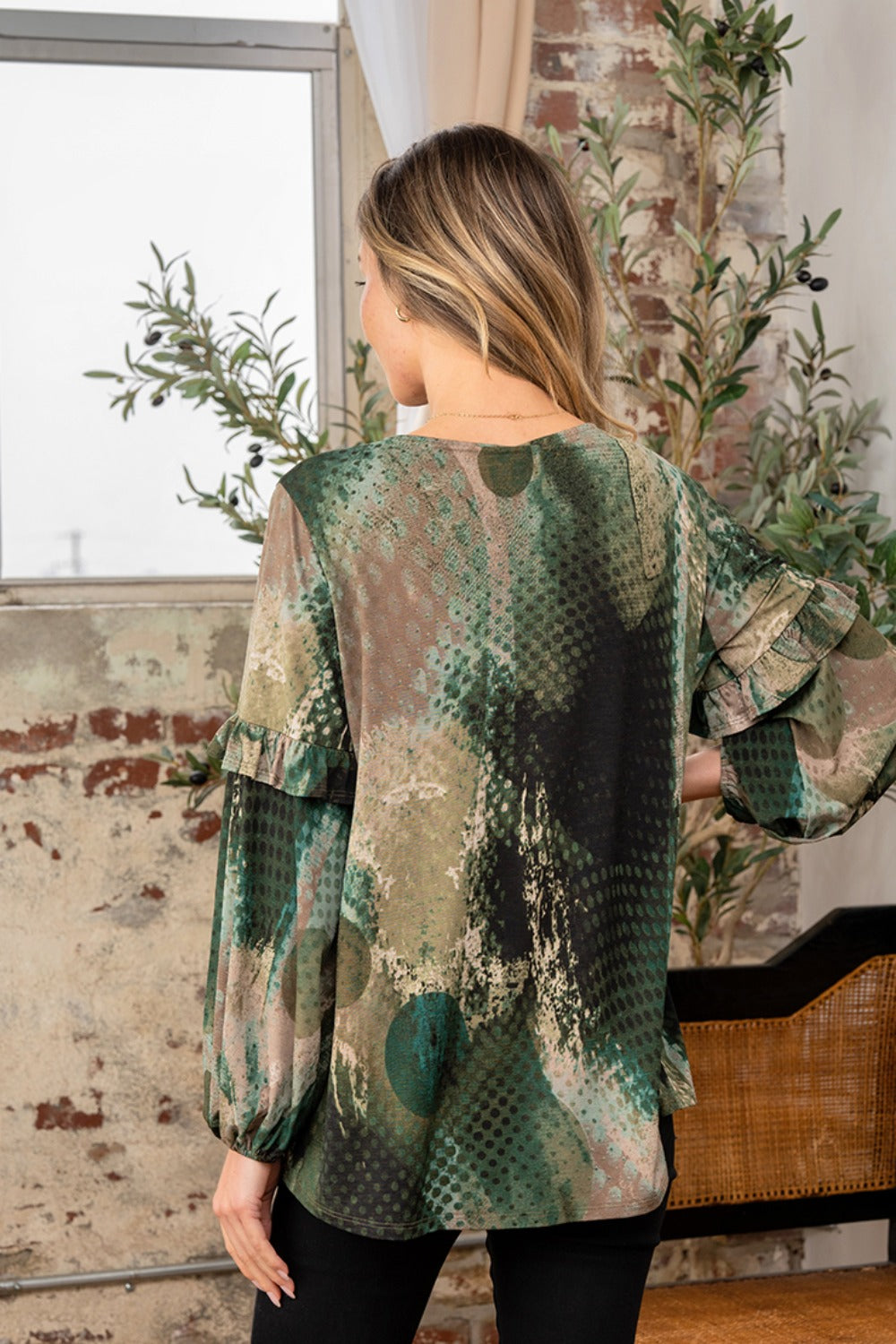 Snakeskin Print Long Sleeve Top with Ruffle