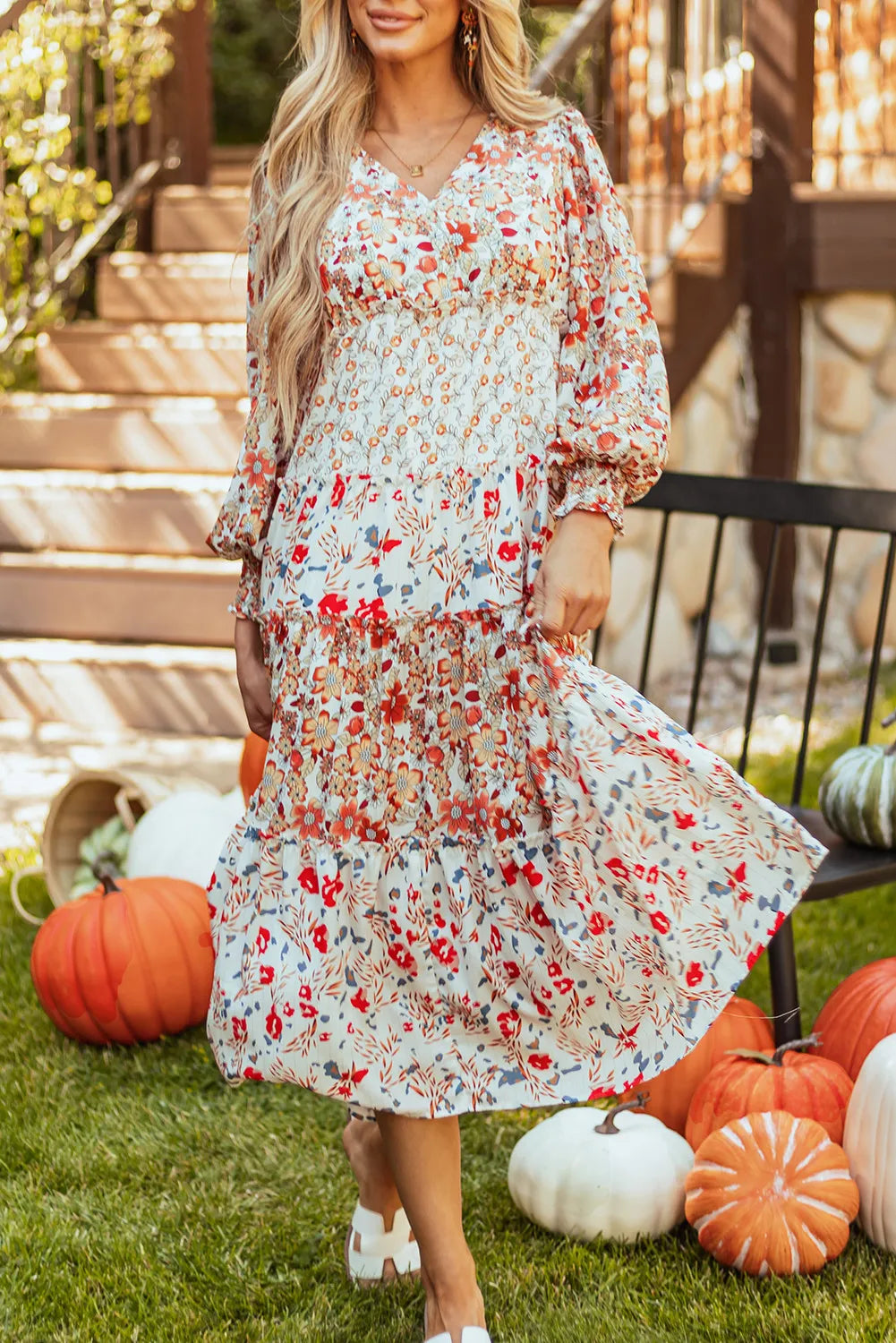 Printed V-Neck Lantern Sleeve Midi Dress