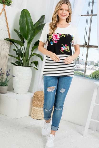 FLORAL STRIPE MIXED TOP