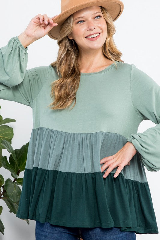 COLOR BLOCK RUFFLE TIERED SWING TOP