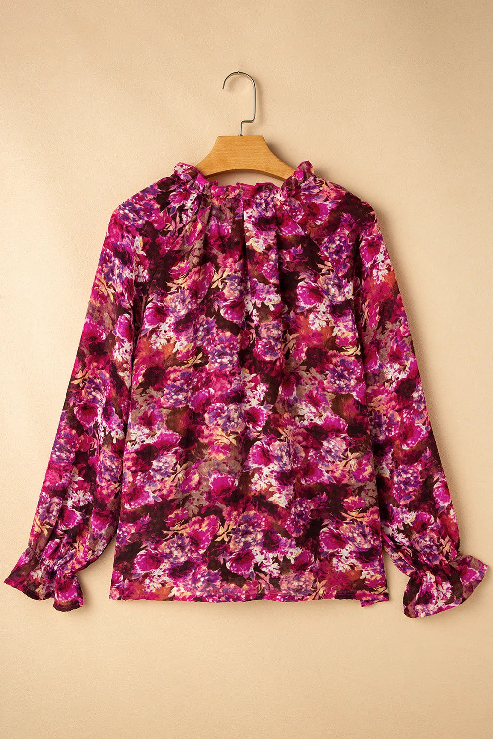 Printed Tie Neck Flounce Sleeve Blouse