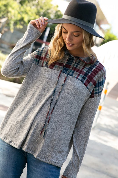 HACCI MELANGE PLAID AND SOLID MIXED HOODIE TOP