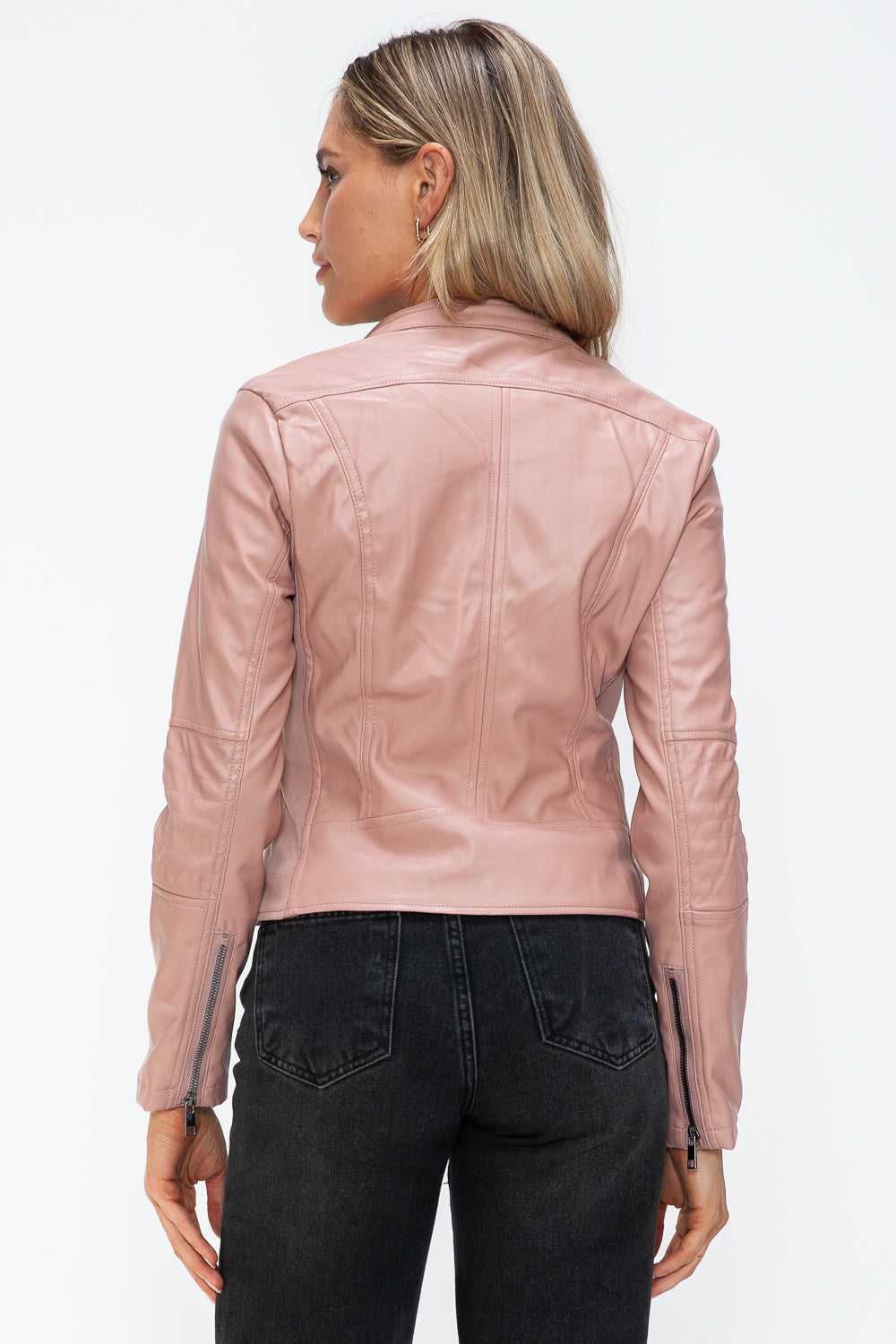 Faux Leather Zip Up Drawstring Hooded Jacket