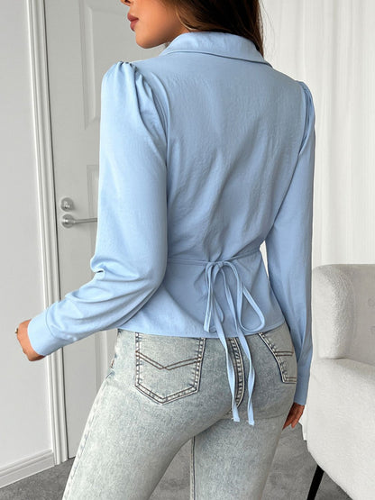 Ruched Collared Neck Long Sleeve Shirt