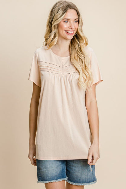 Eyelet Round Neck Short Sleeve T-Shirt