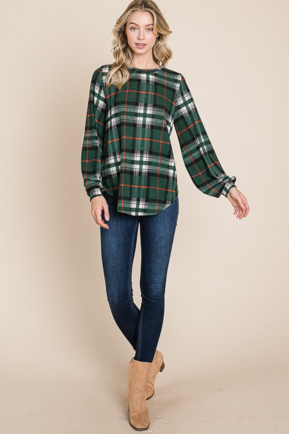 Curved Hem Plaid Round Neck Long Sleeve Top