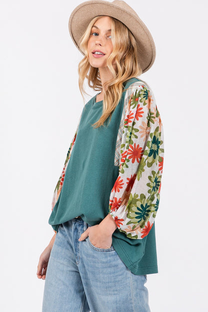 Printed Balloon Sleeve Contrast Top