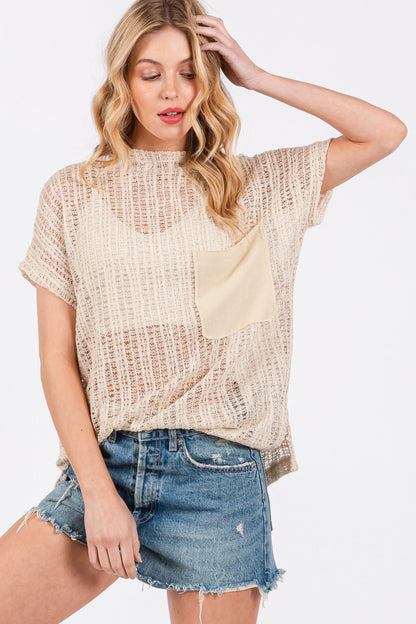 Femme See Through Crochet Mock Neck Cover Up