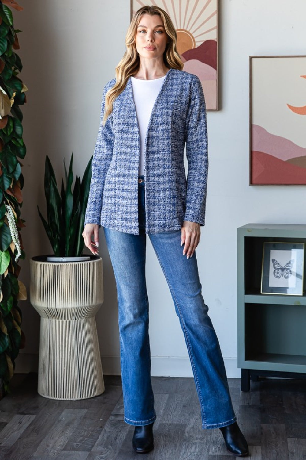 Houndstooth Tweed Open Front Blazer