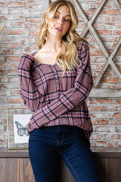 Plaid V-Neck Long Sleeve Top