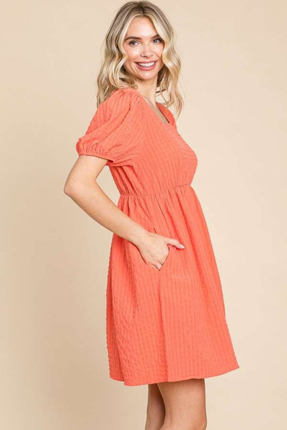 Textured Square Neck Short Sleeve Dress